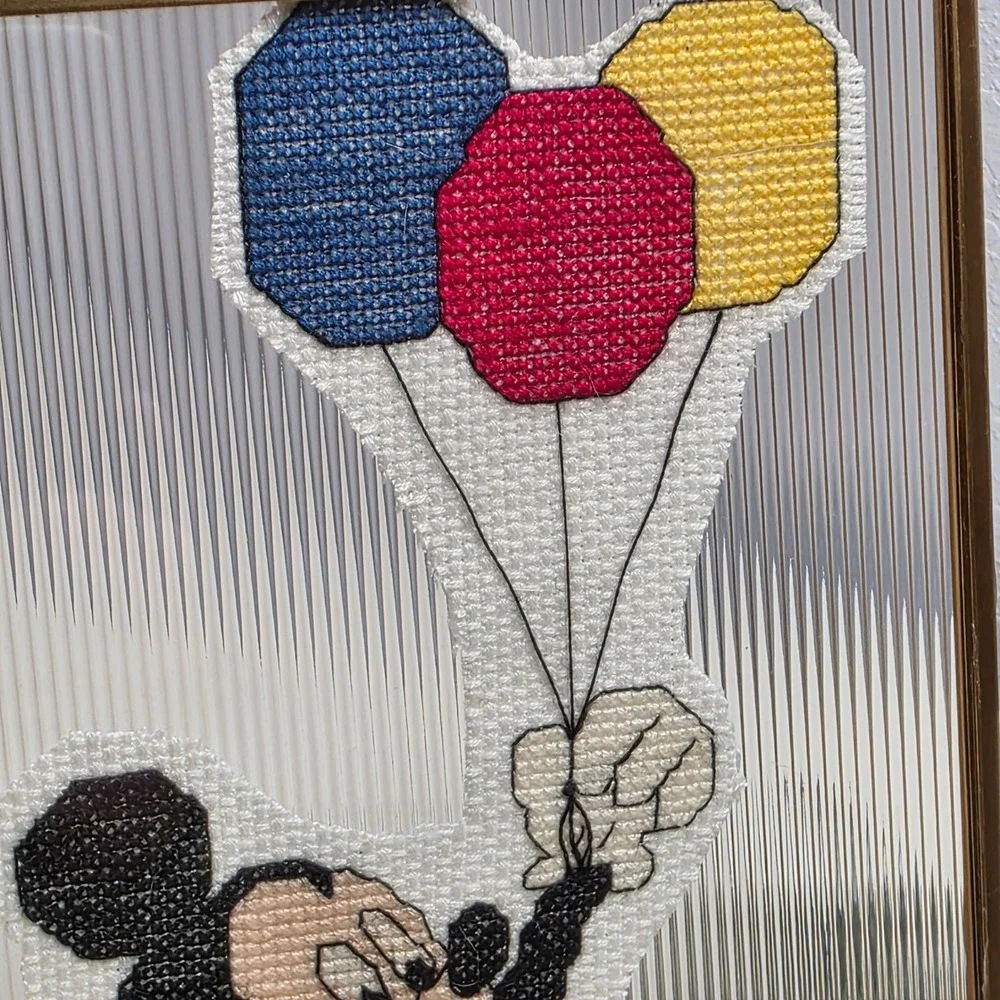 Vintage Mickey Mouse Cross Stitch Picture Gold Frame Holding Balloon Glass Decor